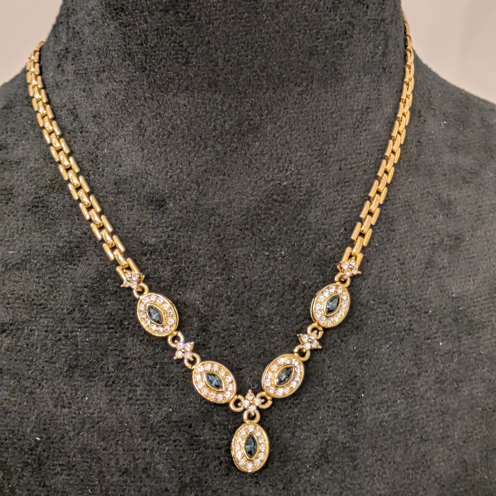 Gold Tone Necklace with Blue Gemstones And Red With Crystal Set Of 2